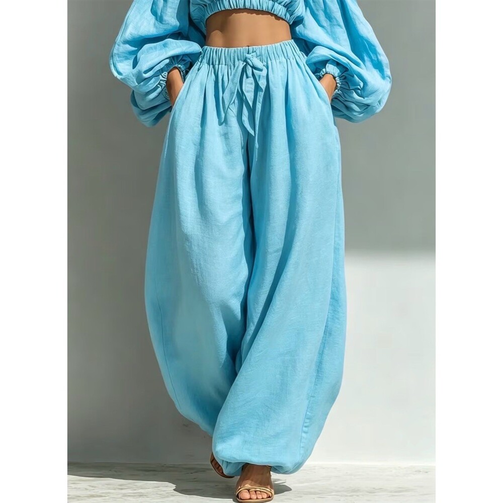 Linen Inspired Boho Harem Pants L Blue Balloon Vacation Beach Spring Summer